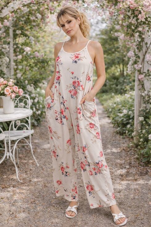 Oufeiya Pants - Boho Floral Romper XL Cream Pink Coquette Sleeveless Pocket Cottagecore Spring